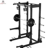 Titanium Strength Elite Series Half Rack E10 mit eingelegter Langhantel und Hantelscheiben, Schrägansicht