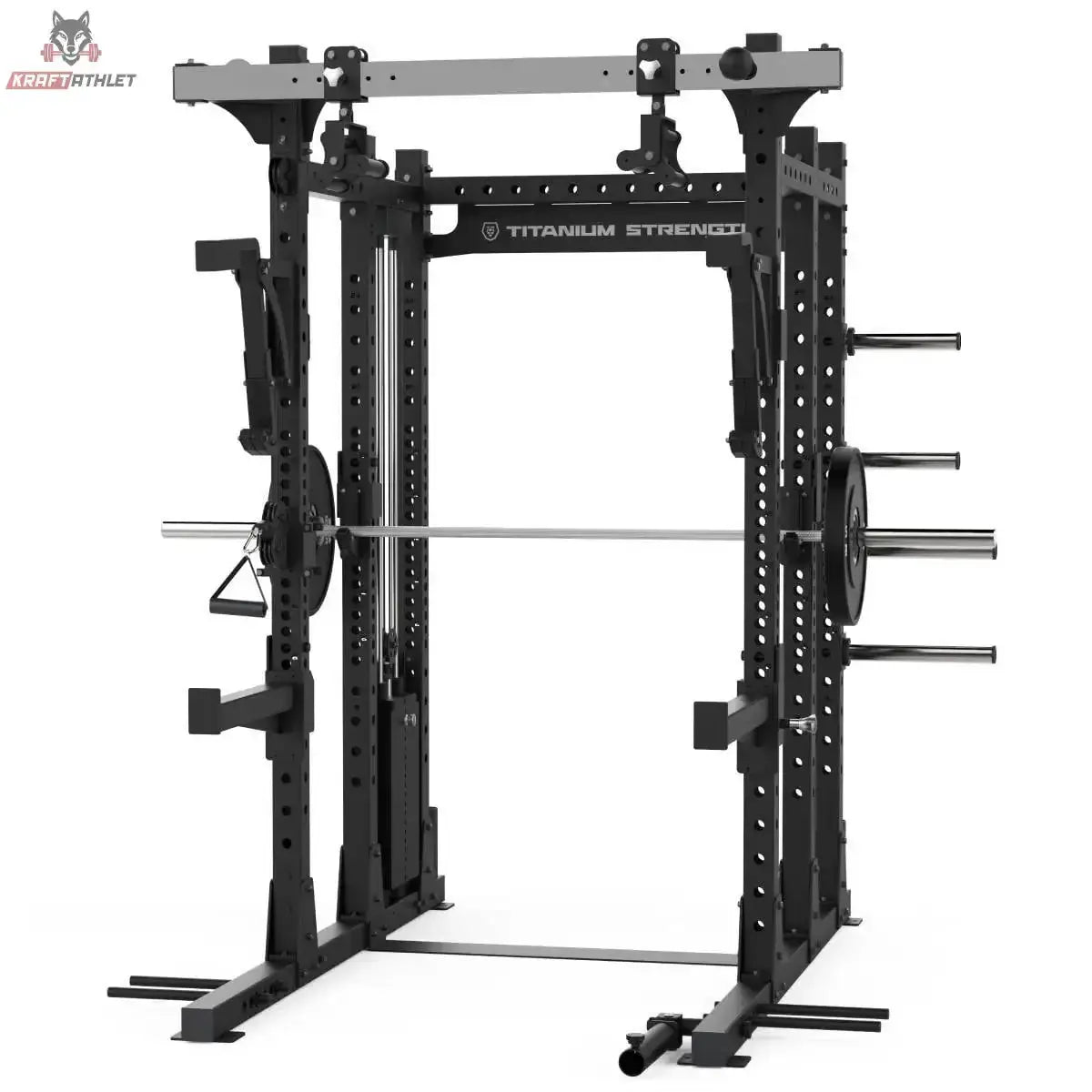 Titanium Strength Elite Series Half Rack E50 in Schwarz, Frontansicht mit aufgelegter Langhantel