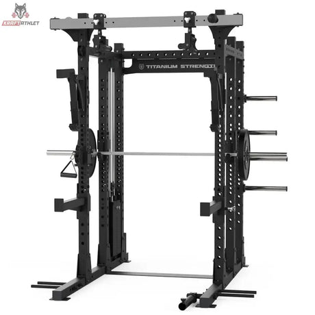 Titanium Strength Elite Series Half Rack E50 in Schwarz, Frontansicht mit aufgelegter Langhantel