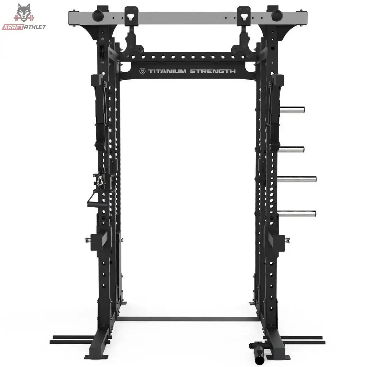 Titanium Strength Elite Series Half Rack E50 in Schwarz, Frontansicht mit Klimmzugstange und J-Hooks