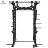 Titanium Strength Elite Series Half Rack E50 in Schwarz, Frontansicht mit Klimmzugstange und J-Hooks