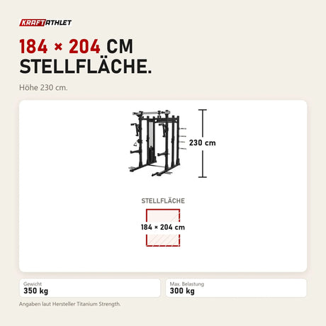 Maßbild Titanium Strength Elite Series Half Rack E50: Stellfläche 184 × 204 cm, Höhe 230 cm