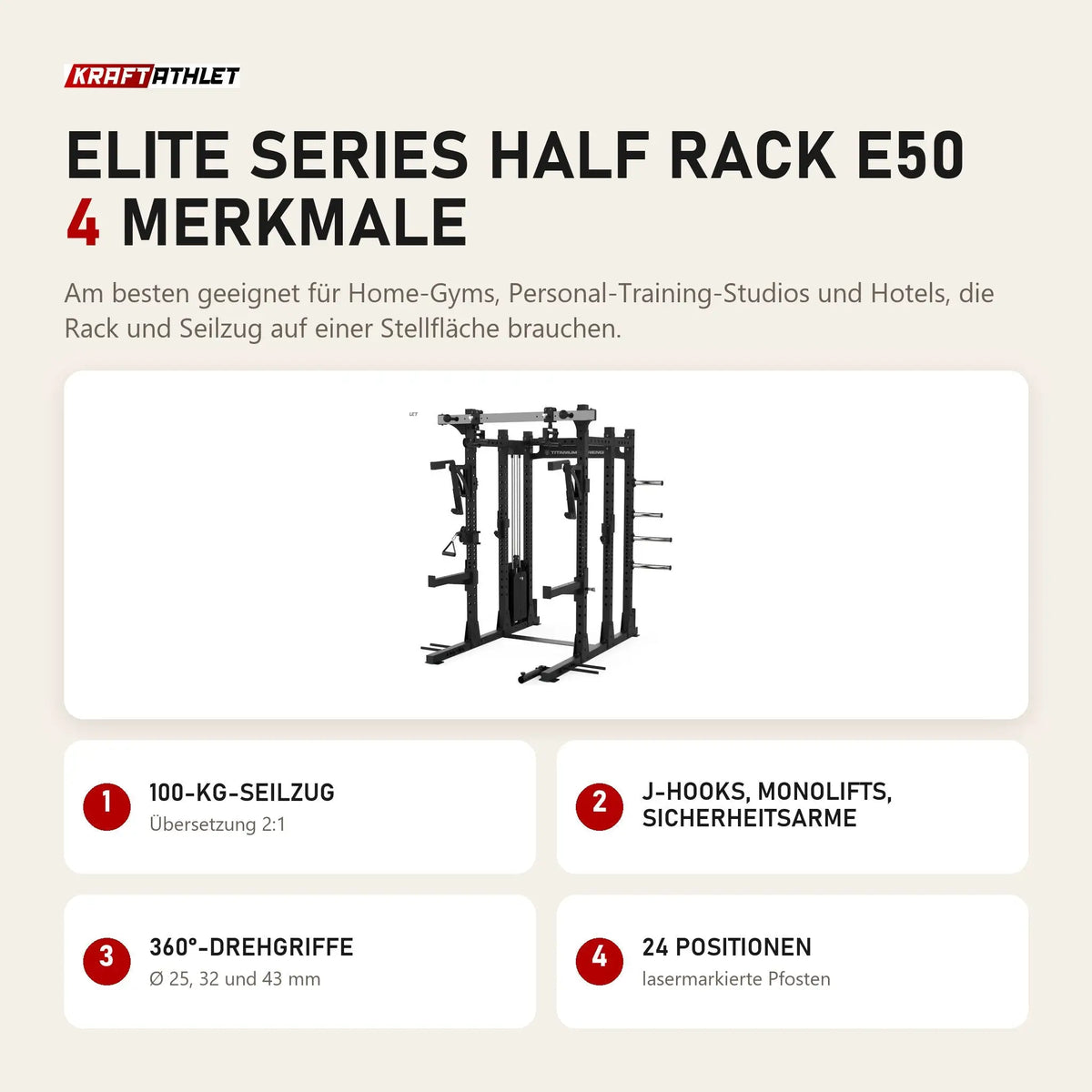 Titanium Strength Elite Series Half Rack E50 mit 4 Merkmalen: 100-kg-Seilzug, J-Hooks, Monolifts, Sicherheitsarme, 360°-Drehgriffe, 24 Positionen