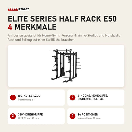 Titanium Strength Elite Series Half Rack E50 mit 4 Merkmalen: 100-kg-Seilzug, J-Hooks, Monolifts, Sicherheitsarme, 360°-Drehgriffe, 24 Positionen