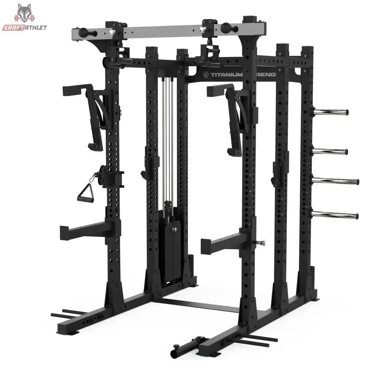 Titanium Strength Elite Series Half Rack E50 in Schwarz, Schrägansicht mit Seilzug und Scheibenhaltern
