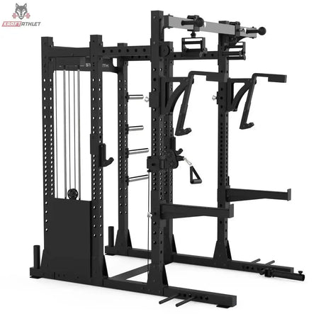 Titanium Strength Elite Series Half Rack E50 in Schwarz, Seitenansicht mit Gewichtsturm und Griffen