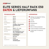 Technische Daten und Lieferumfang von Titanium Strength Elite Series Half Rack E50 als Tabelle