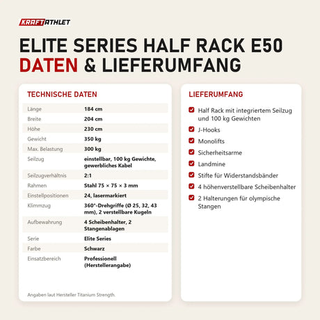 Technische Daten und Lieferumfang von Titanium Strength Elite Series Half Rack E50 als Tabelle