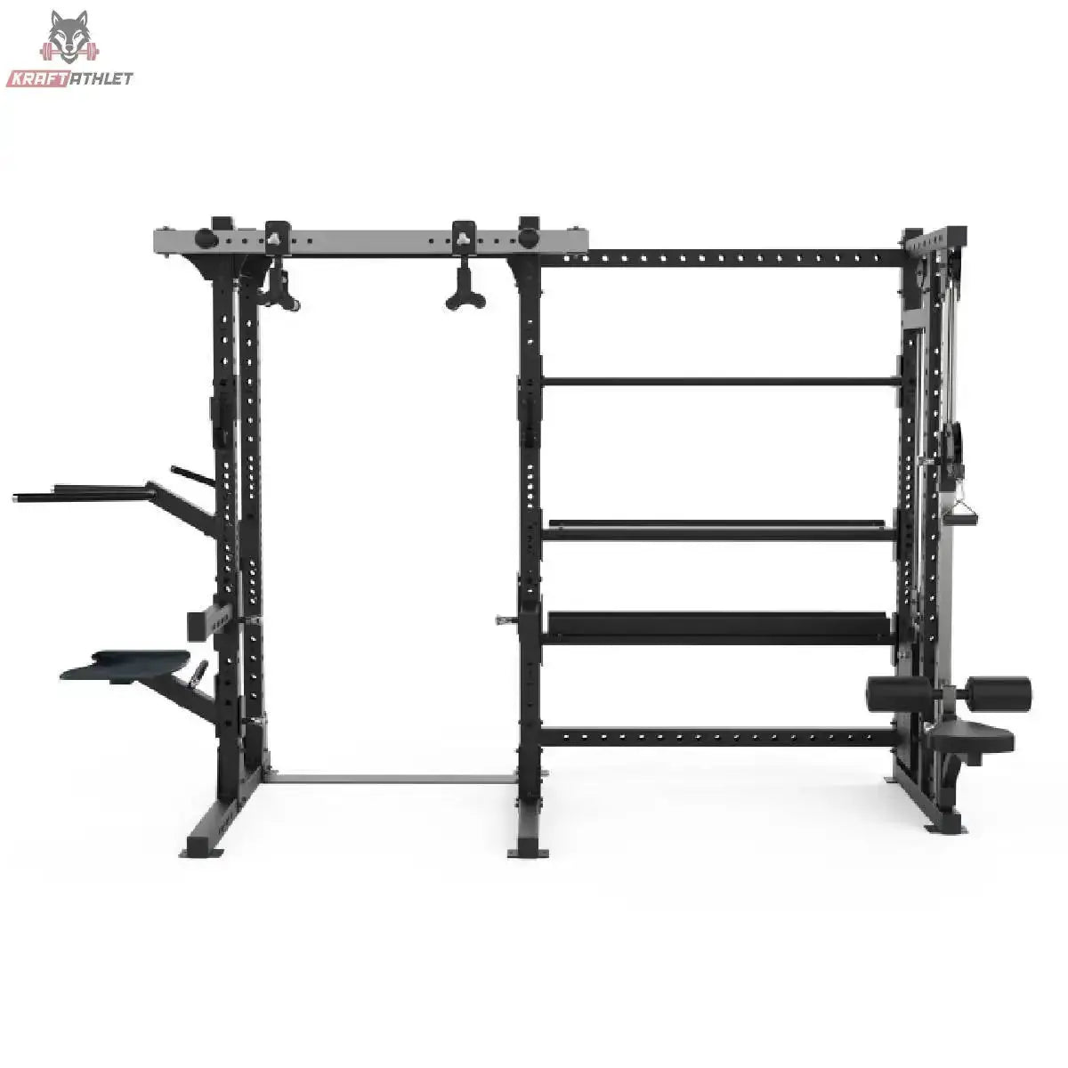 Titanium Strength Elite Series Half Rack E70, Frontansicht mit Klimmzugstange und Ablagen