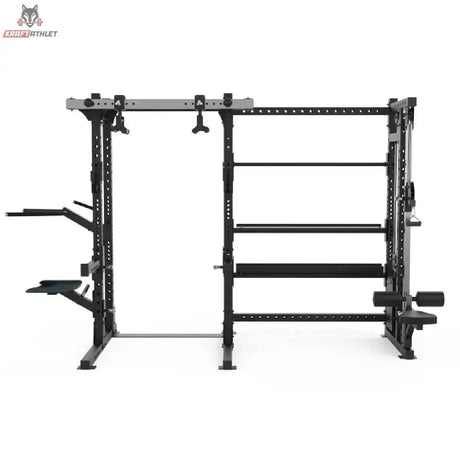Titanium Strength Elite Series Half Rack E70, Frontansicht mit Klimmzugstange und Ablagen