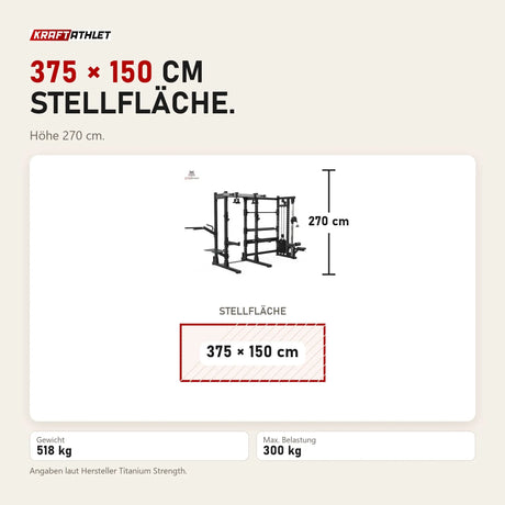 Maßbild Titanium Strength Elite Series Half Rack E70: Stellfläche 375 × 150 cm, Höhe 270 cm