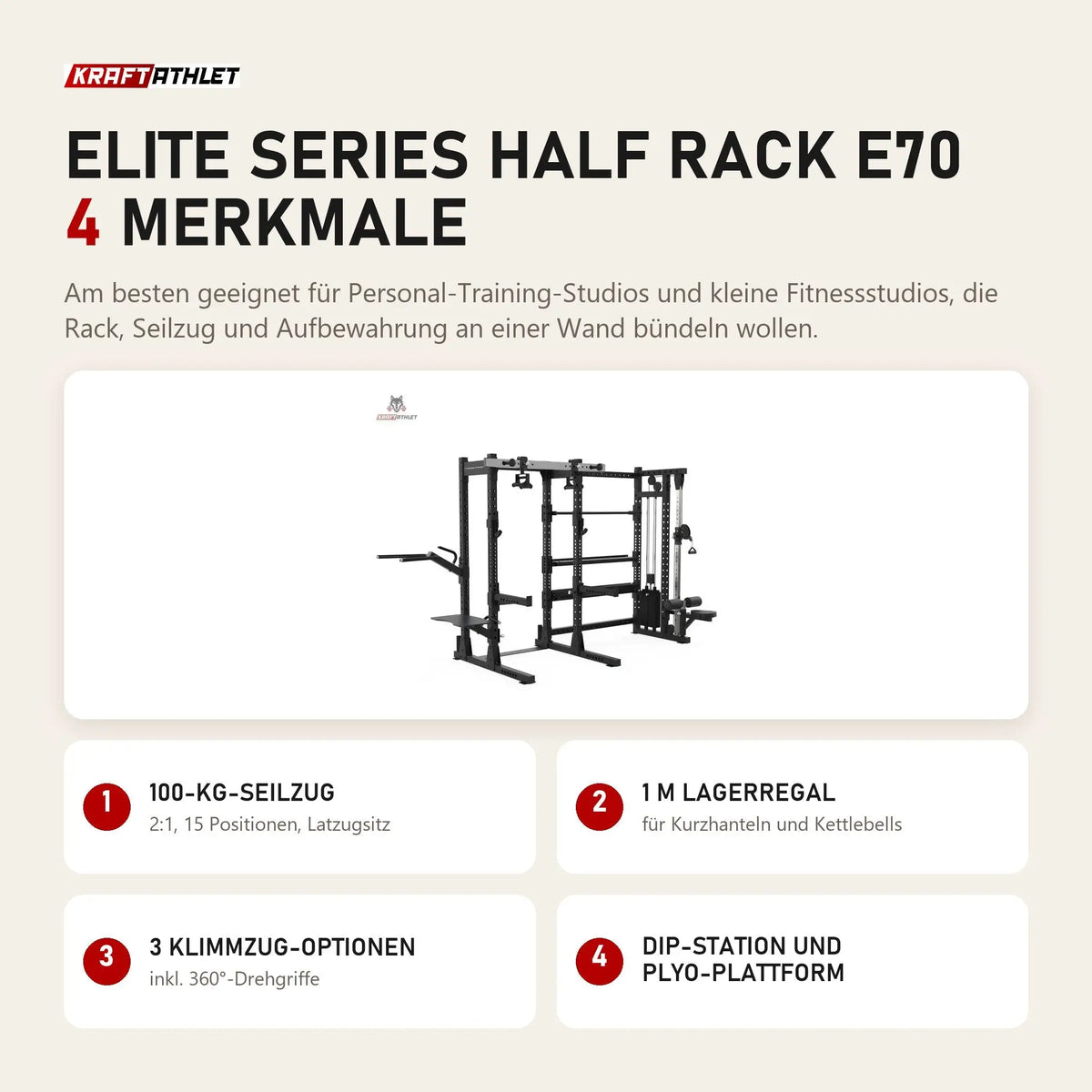 Titanium Strength Elite Series Half Rack E70 mit 4 Merkmalen: 100-kg-Seilzug, 1 m Lagerregal, 3 Klimmzug-Optionen, Dip-Station und Plyo-Plattform