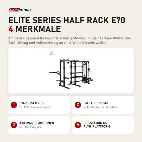Titanium Strength Elite Series Half Rack E70 mit 4 Merkmalen: 100-kg-Seilzug, 1 m Lagerregal, 3 Klimmzug-Optionen, Dip-Station und Plyo-Plattform