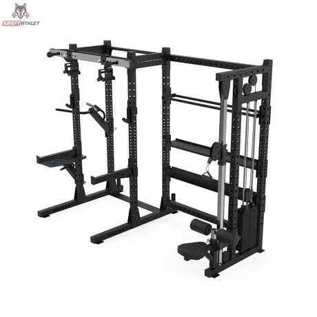Titanium Strength Elite Series Half Rack E70, Schrägansicht von hinten mit Lagerregalen