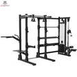 Titanium Strength Elite Series Half Rack E70 in Schwarz, Seitenansicht mit Seilzug und Dip-Griffen