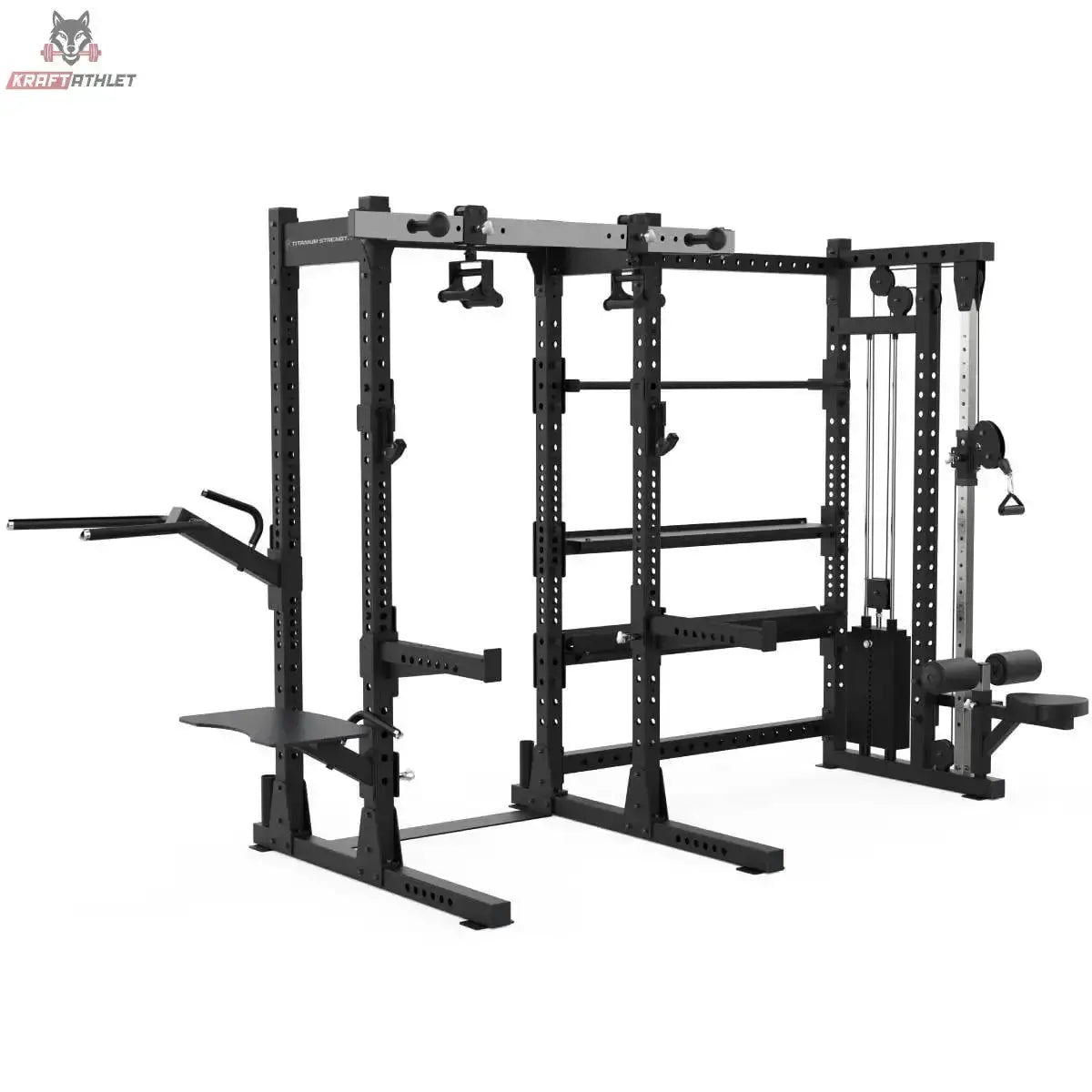 Titanium Strength Elite Series Half Rack E70 in Schwarz, Seitenansicht mit Seilzug und Dip-Griffen