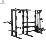 Titanium Strength Elite Series Half Rack E70 in Schwarz, Seitenansicht mit Seilzug und Dip-Griffen