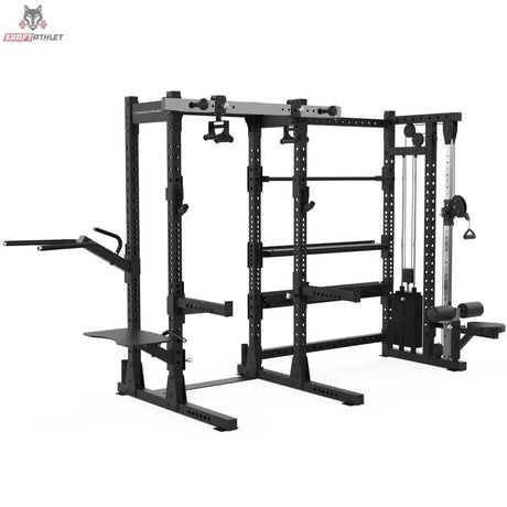 Titanium Strength Elite Series Half Rack E70 in Schwarz, Seitenansicht mit Seilzug und Dip-Griffen