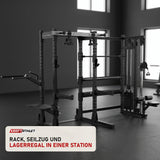 Titanium Strength Elite Series Half Rack E70 in einem fertig eingerichteten Studio mit dunklen Wänden und Gummiboden