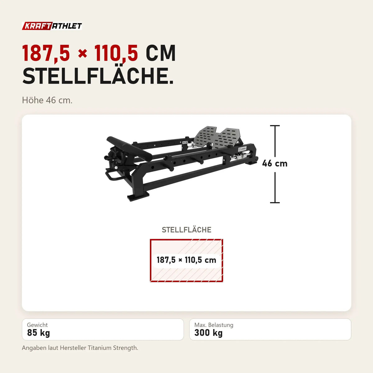 Maßbild Titanium Strength Elite Series Hip Thrust Bank: Stellfläche 187,5 × 110,5 cm, Höhe 46 cm