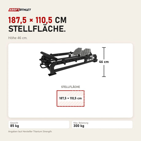 Maßbild Titanium Strength Elite Series Hip Thrust Bank: Stellfläche 187,5 × 110,5 cm, Höhe 46 cm
