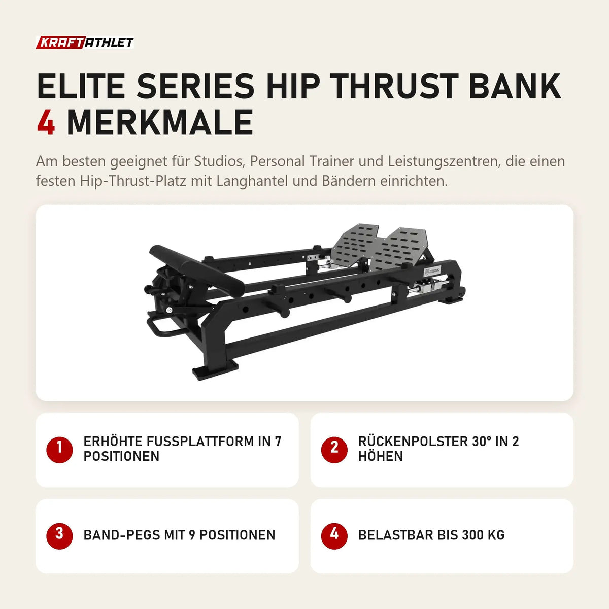 Titanium Strength Elite Series Hip Thrust Bank mit 4 Merkmalen: Erhöhte Fußplattform in 7 Positionen, Rückenpolster 30° in 2 Höhen, Band-Pegs mit 9 Positionen, Belastbar bis 300 kg