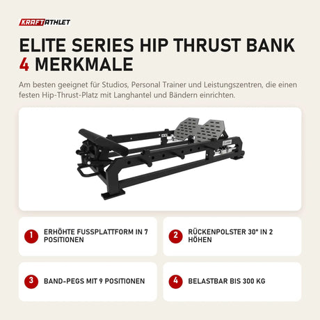 Titanium Strength Elite Series Hip Thrust Bank mit 4 Merkmalen: Erhöhte Fußplattform in 7 Positionen, Rückenpolster 30° in 2 Höhen, Band-Pegs mit 9 Positionen, Belastbar bis 300 kg