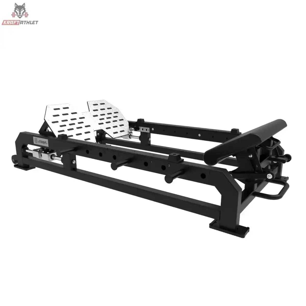 Titanium Strength Elite Series Hip Thrust Bank: Schrägansicht von hinten in Schwarz mit Hüftpolster und Fußplatten