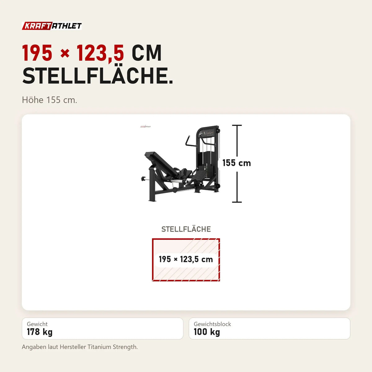 Maßbild Titanium Strength Elite Series Hip Thrust mit Steckgewichten: Stellfläche 195 × 123,5 cm, Höhe 155 cm