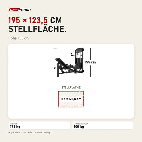 Maßbild Titanium Strength Elite Series Hip Thrust mit Steckgewichten: Stellfläche 195 × 123,5 cm, Höhe 155 cm