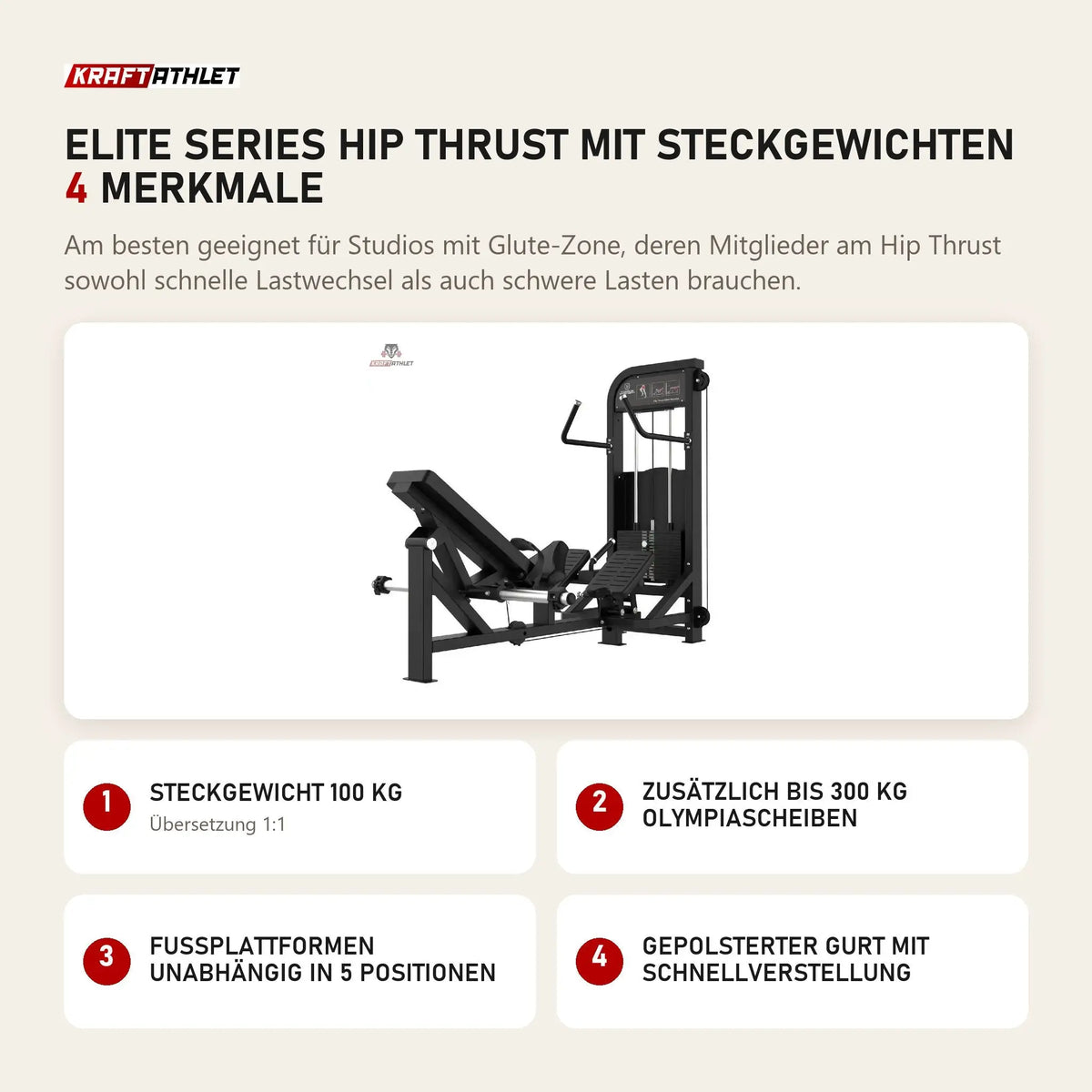 Titanium Strength Elite Series Hip Thrust mit Steckgewichten mit 4 Merkmalen: Steckgewicht 100 kg, Zusätzlich bis 300 kg Olympiascheiben, Fußplattformen unabhängig in 5 Positionen, Gepolsterter Gurt mit Schnellverstellung