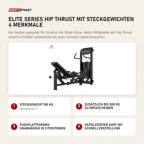 Titanium Strength Elite Series Hip Thrust mit Steckgewichten mit 4 Merkmalen: Steckgewicht 100 kg, Zusätzlich bis 300 kg Olympiascheiben, Fußplattformen unabhängig in 5 Positionen, Gepolsterter Gurt mit Schnellverstellung
