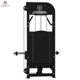 Titanium Strength Elite Series Hip Thrust mit Steckgewichten – Rückansicht mit Logo-Abdeckung und seitlichen Scheibenhaltern