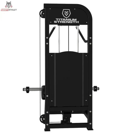 Titanium Strength Elite Series Hip Thrust mit Steckgewichten – Rückansicht mit Logo-Abdeckung und seitlichen Scheibenhaltern