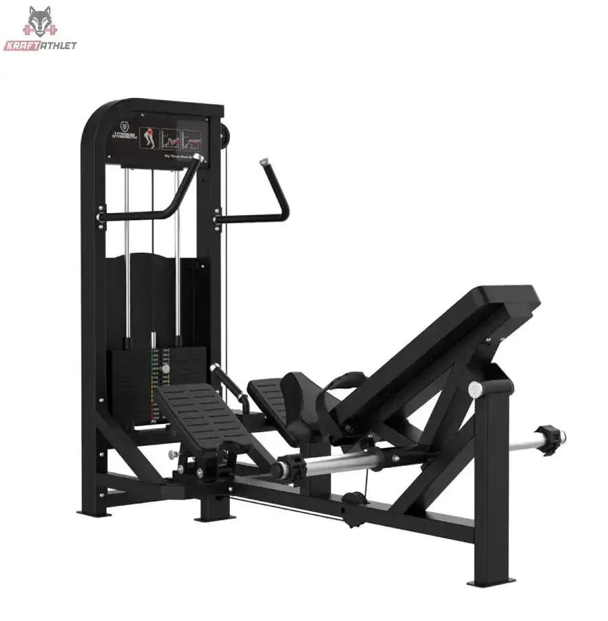 Titanium Strength Elite Series Hip Thrust mit Steckgewichten – Schrägansicht von rechts mit Liegepolster und Griffen