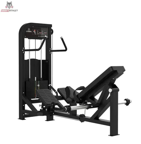 Titanium Strength Elite Series Hip Thrust mit Steckgewichten – Schrägansicht von rechts mit Liegepolster und Griffen