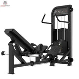 Titanium Strength Elite Series Hip Thrust mit Steckgewichten – Schrägansicht mit Rückenpolster, Beckenpolster und Scheibenhaltern