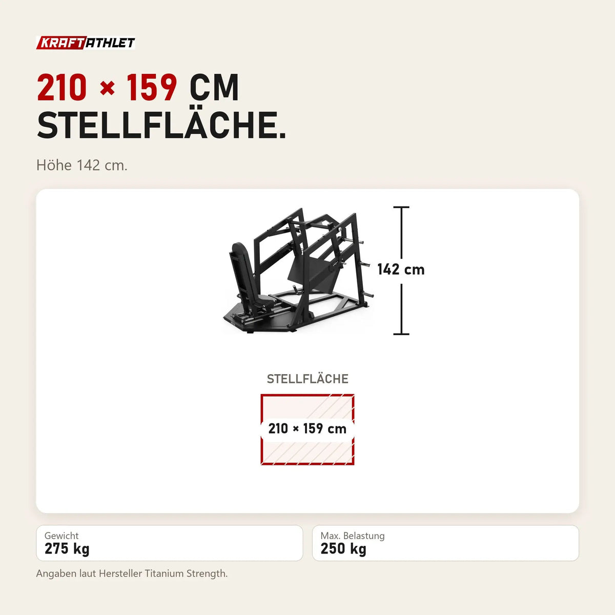 Maßbild Titanium Strength Elite Series Horizontale Beinpresse: Stellfläche 210 × 159 cm, Höhe 142 cm