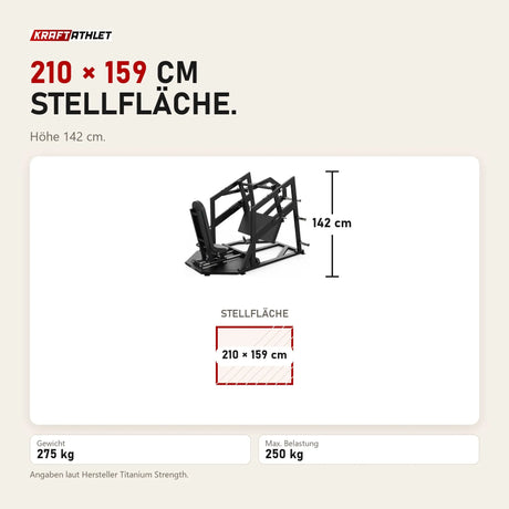 Maßbild Titanium Strength Elite Series Horizontale Beinpresse: Stellfläche 210 × 159 cm, Höhe 142 cm