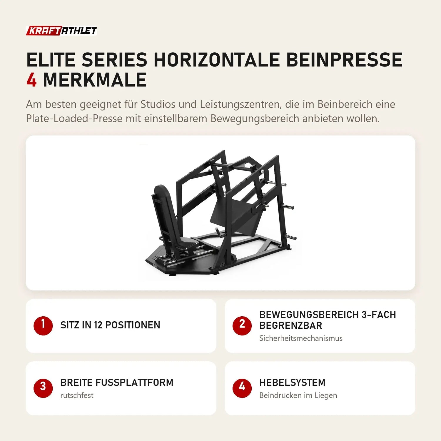 Titanium Strength Elite Series Horizontale Beinpresse mit 4 Merkmalen: Sitz in 12 Positionen, Bewegungsbereich 3-fach begrenzbar, Breite Fußplattform, Hebelsystem