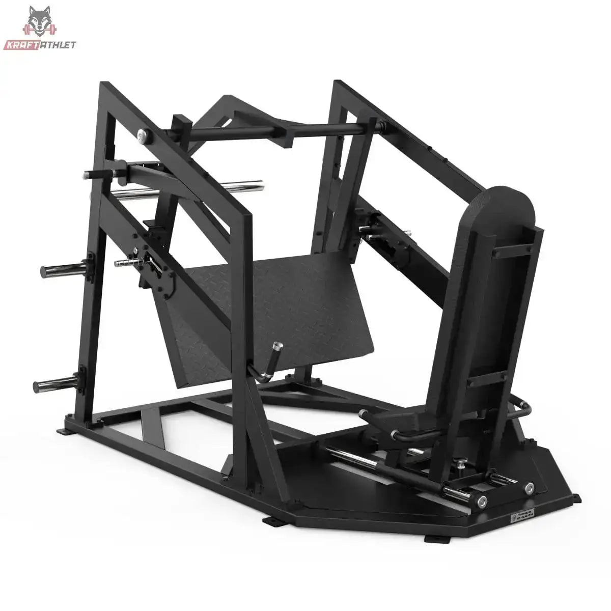 Titanium Strength Elite Series Horizontale Beinpresse – Schrägansicht von der anderen Seite mit Fußplatte und Sitz