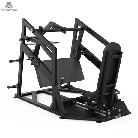 Titanium Strength Elite Series Horizontale Beinpresse – Schrägansicht von der anderen Seite mit Fußplatte und Sitz