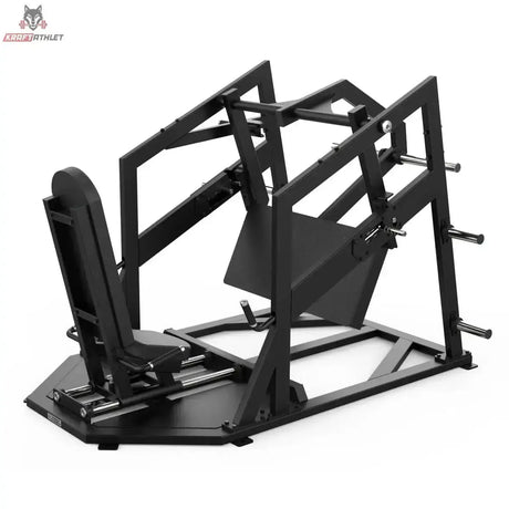 Titanium Strength Elite Series Horizontale Beinpresse – Schrägansicht mit Sitz, Fußplatte und Führungsrahmen