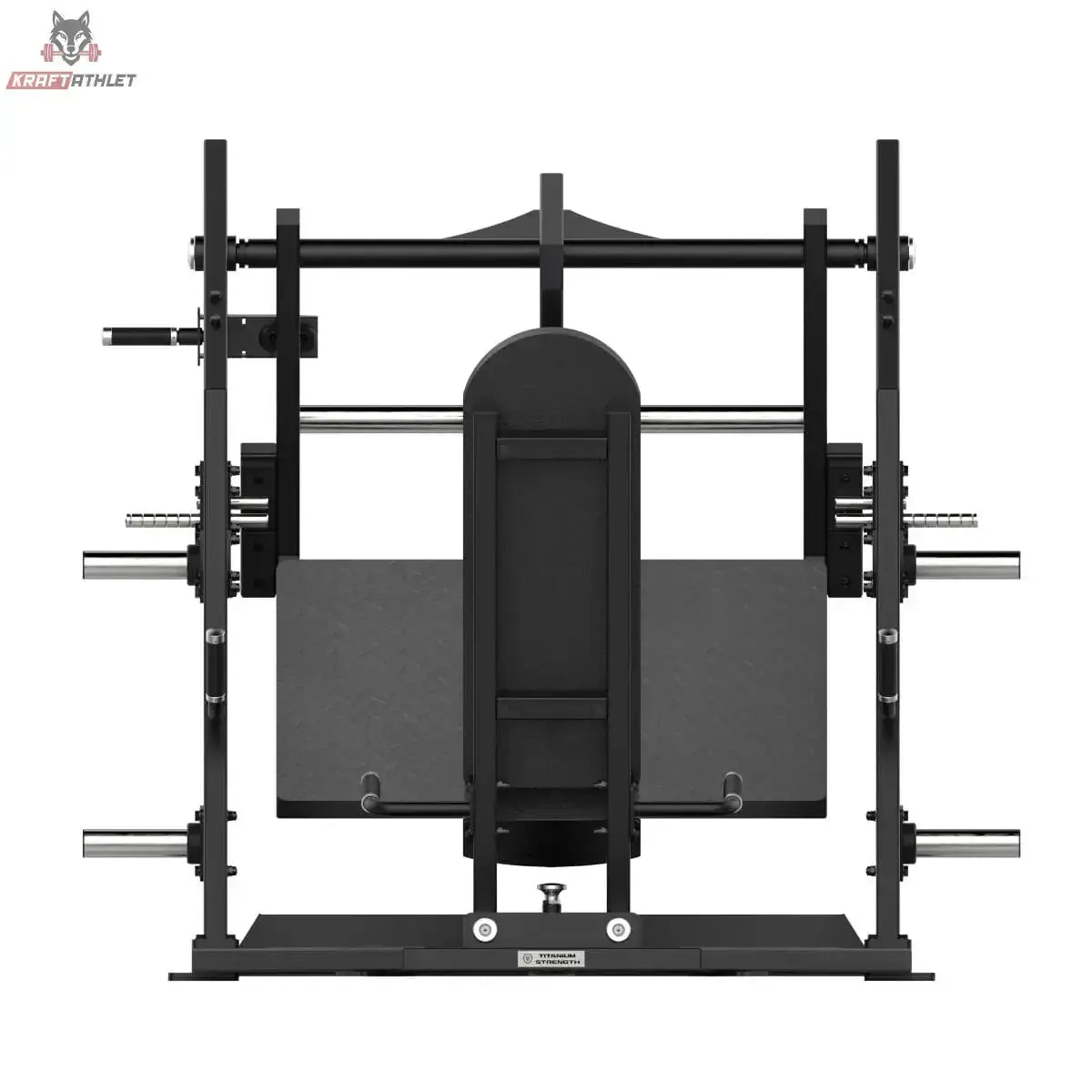 Titanium Strength Elite Series Horizontale Beinpresse – Frontansicht auf Rückenlehne, Fußplatte und Scheibenaufnahmen