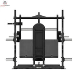 Titanium Strength Elite Series Horizontale Beinpresse – Frontansicht auf Rückenlehne, Fußplatte und Scheibenaufnahmen