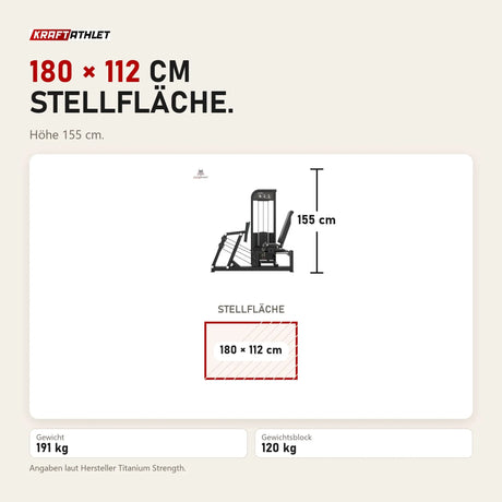 Maßbild Titanium Strength Elite Series Horizontale Beinpresse: Stellfläche 180 × 112 cm, Höhe 155 cm