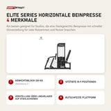 Titanium Strength Elite Series Horizontale Beinpresse mit 4 Merkmalen: Gewichtsblock 120 kg, Sitztiefe in 9 Positionen, Verstellung über Linearlager auf Stahlschienen, Rutschfeste Plattform