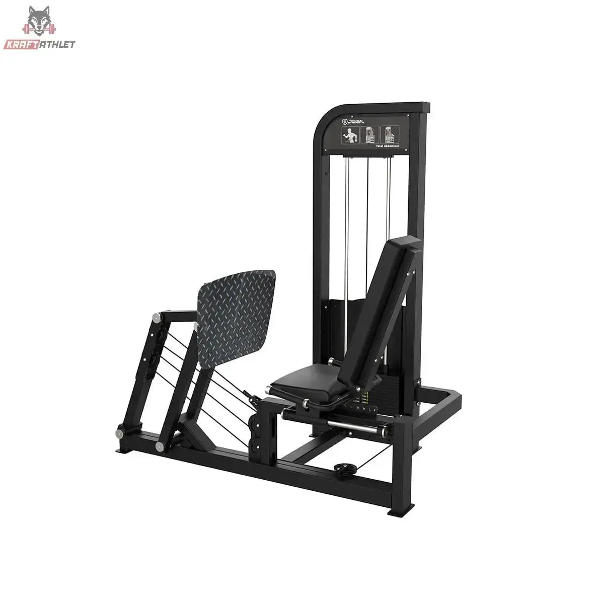 Titanium Strength Elite Series Horizontale Beinpresse, Schrägansicht mit Fußplatte und Sitz
