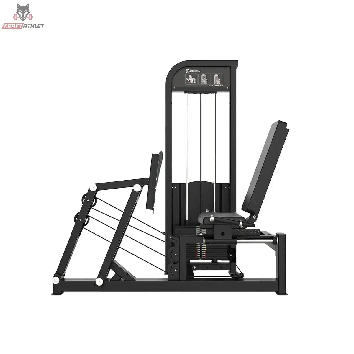 Titanium Strength Elite Series Horizontale Beinpresse, Seitenansicht mit Gewichtsturm, Fußplatte und Rückenlehne