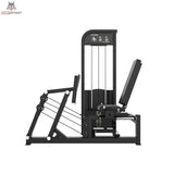 Titanium Strength Elite Series Horizontale Beinpresse, Seitenansicht mit Gewichtsturm, Fußplatte und Rückenlehne